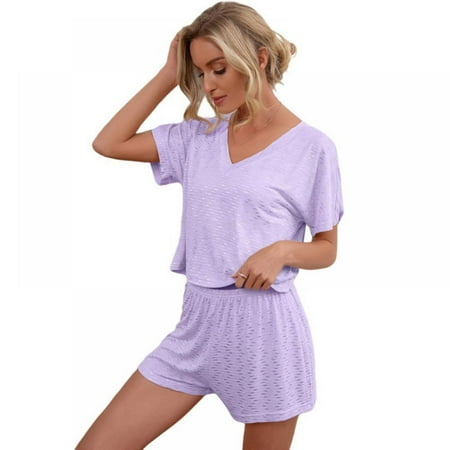 

Women s V-neck Short Sleeve Pajamas Loose Comfortable T-Shirt + Shorts Suit