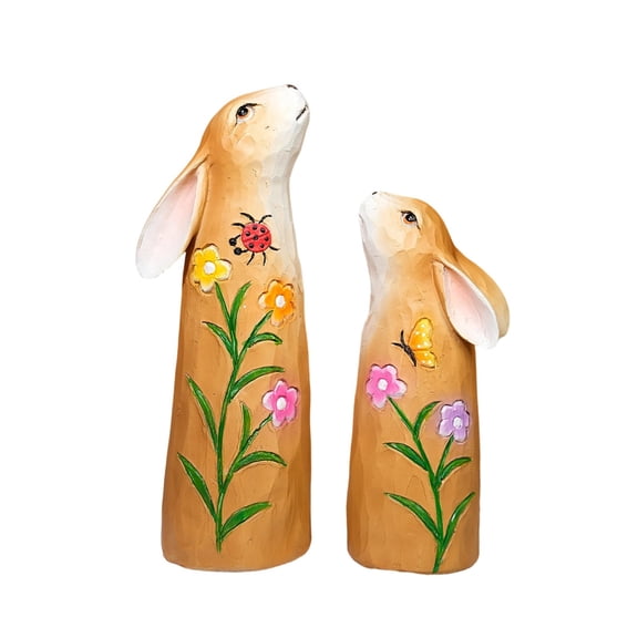 2PCS Easter Bunny Resin Figurine Set, Hand-Carved Nordic Style Rabbit Statues, Indoor Outdoor Home and Garden Decor, Farmhouse Tabletop Accent, Spring Seasonal Decoration (Brown)