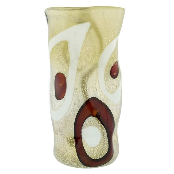 GlassOfVenice Murano Glass Wavy Vase - Cream and Coffee Circles