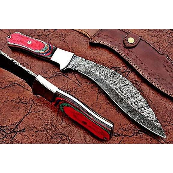 Damascus Steel Kukri Knife 14 Inches Custom Made with red Wood Scale, 9" Long Hand Forged fire Pattern Damascus Steel Blade, Comes with Thick Cow Hide Leather Sheath