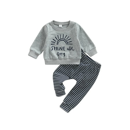 

Amuver Baby Boys Pants Set Long Sleeve Crew Neck Letters Sun Print Sweatshirt with Elastic Waist Striped Pants Fall Outfit