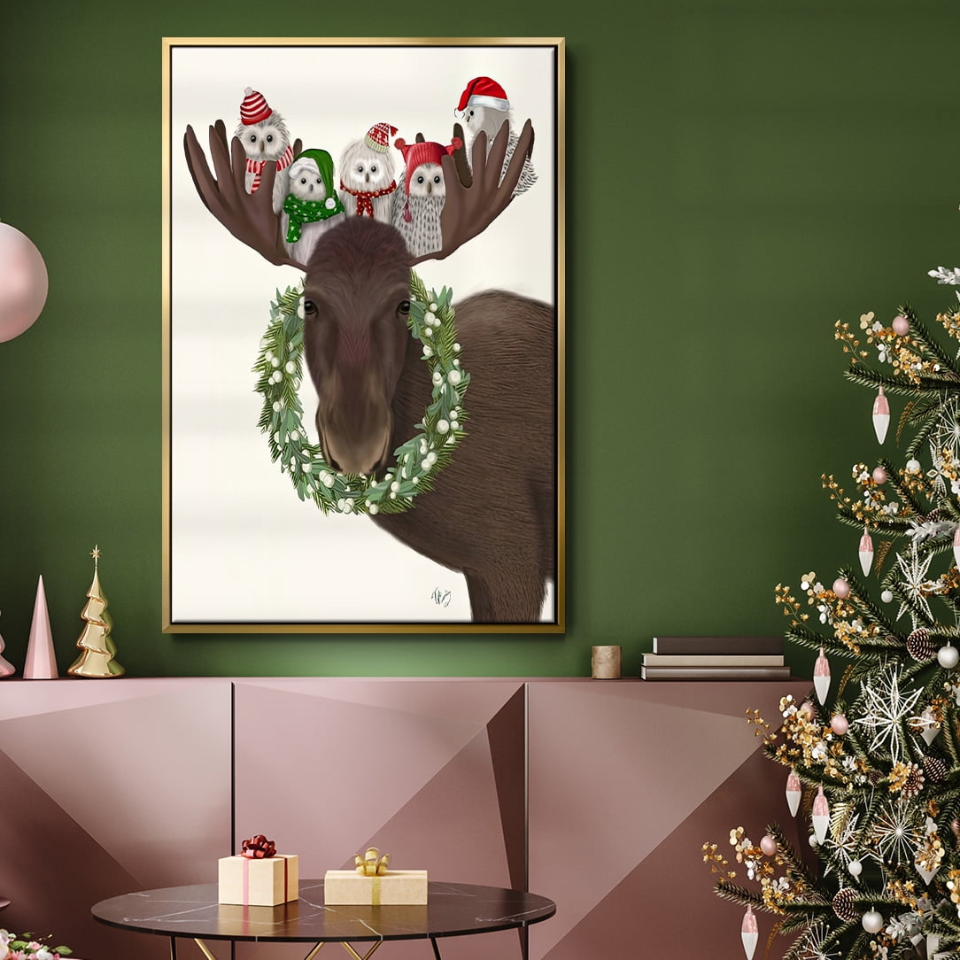 Christmas Moose and Christmas Owls - Framed Gallery Wrapped Holiday Canvas - 17 x 25 - Gold Frame