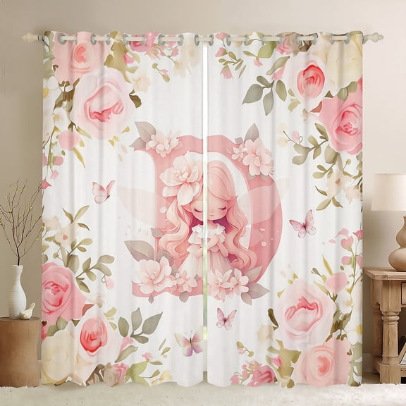 Feelyou Dreamy Monogrammed D Black Out Curtains, Princess Fairy Elf Curtains Pack of 2 (42x63 Each), Pink Flower Butterfly Bedroom Curtains, Window Curtains Room Decor