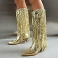 thumbnail image 4 of FRSASU women's thick-heeled western pointed booties tassels & sequins decorated fashionable boots mid heel mid top boots Gold, 4 of 7