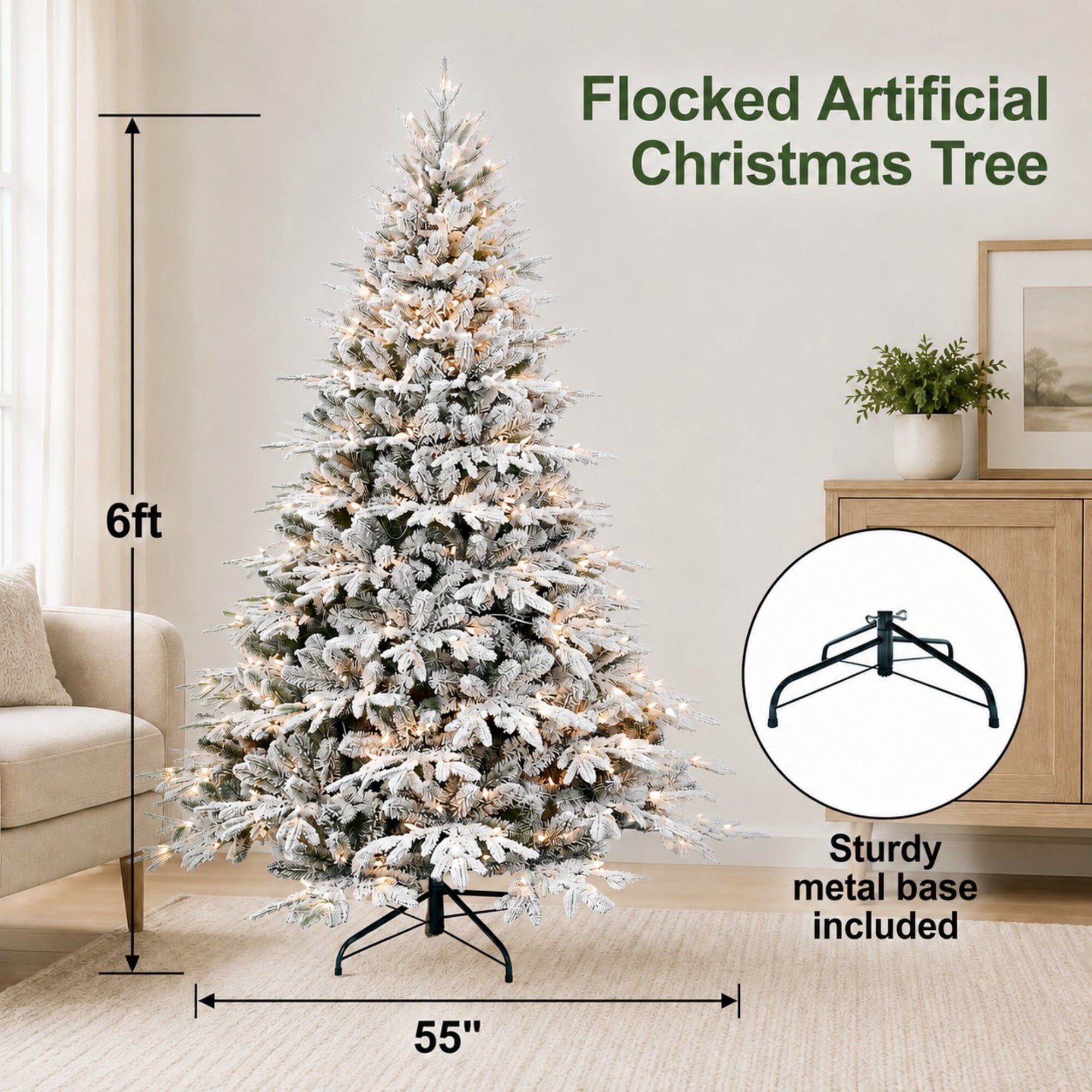 DEALTOPS 6ft Pre-Lit Flocked Artificial Christmas Tree, 400 Warm White Lights, 1931 Tips, Foldable Metal Stand