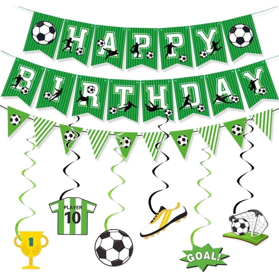 Soccer Birthday Decorations Kit with Happy Birthday Banner, Soccer Ball Balloons, Hanging Swirls, Table Centerpieces and Cake Toppers for Kids Soccer Theme Birthday Party