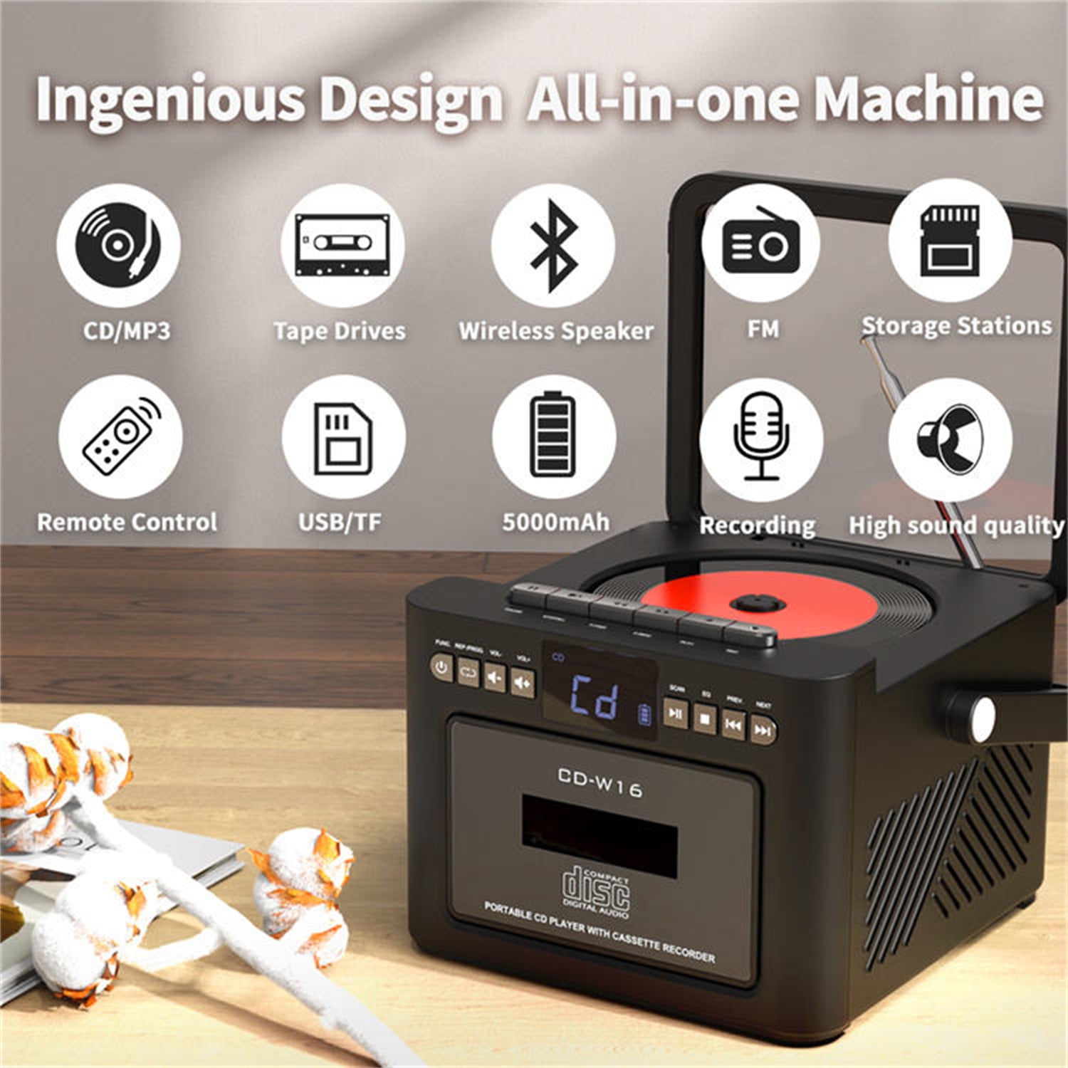 Jazmm 5000mAh Rechargeable CD Player Boombox Cassette Player Combo with Bluetooth, Speakers, Remote, FM, Music