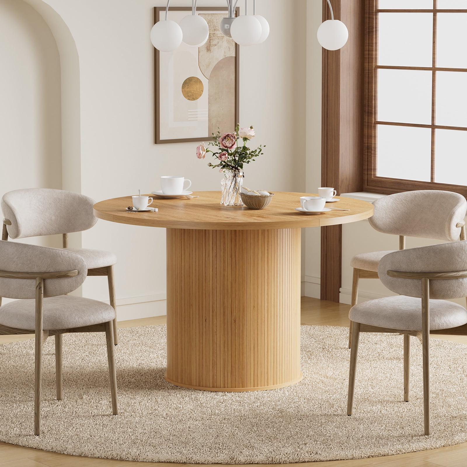 Hommpa 48" Round Dining Table Morden Kitchen Table Wood for 4 with Wood Slide Door for Kitchen Living Room,Heavy Duty Pedestal Base,Natural
