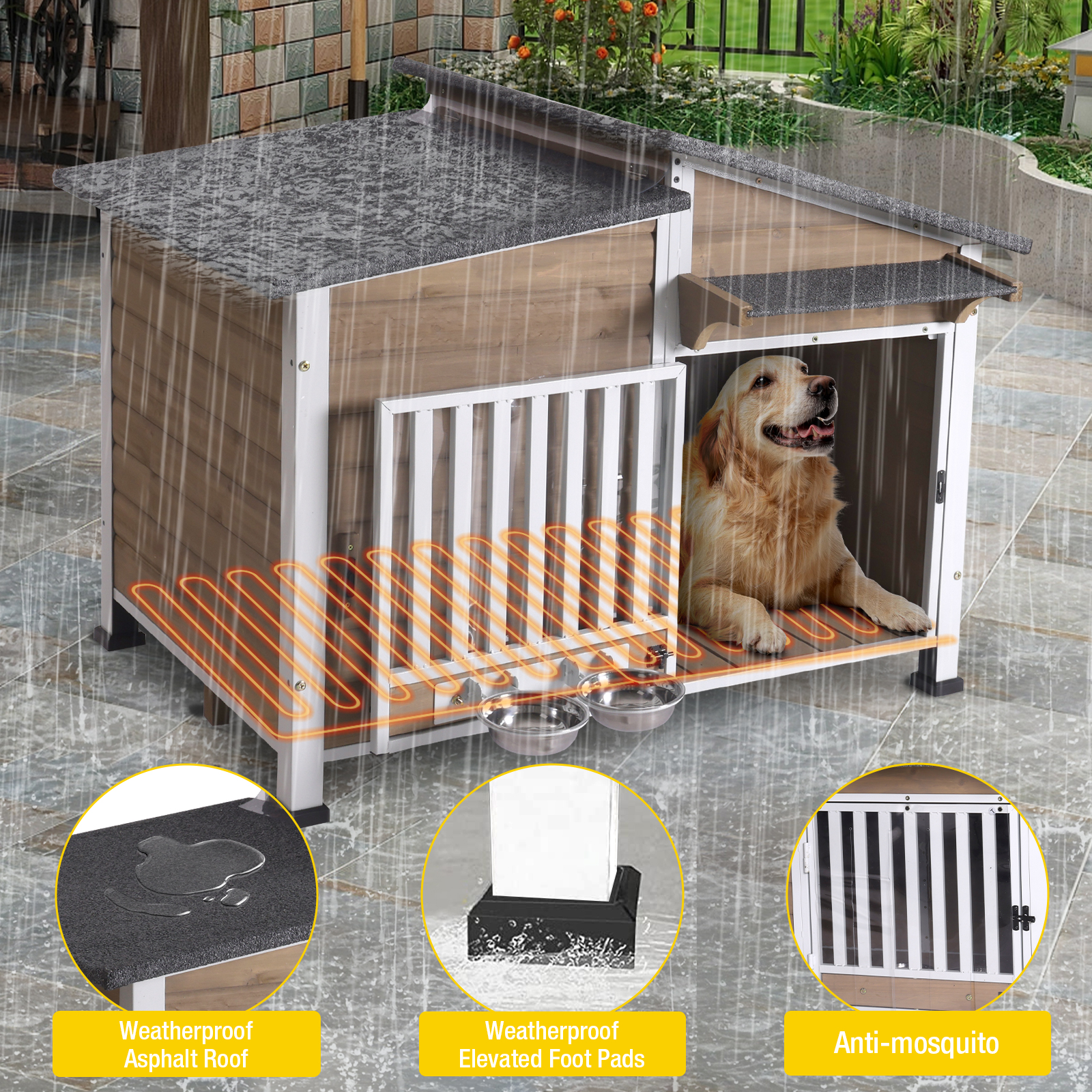 Aivituvin Heated Dog House with Heating Pad & Anti-Chewing Metal Frame, Insulated Wooden Dog Kennel with Unique Design Roof, Weatherproof Dog House for Indoor & Outdoor Use, Dark Brown