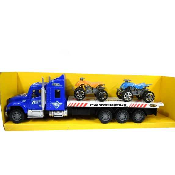 Blue Flatbed Semi Truck with Two ATV Four Wheel Motorcycles Boys Toy-BT-1