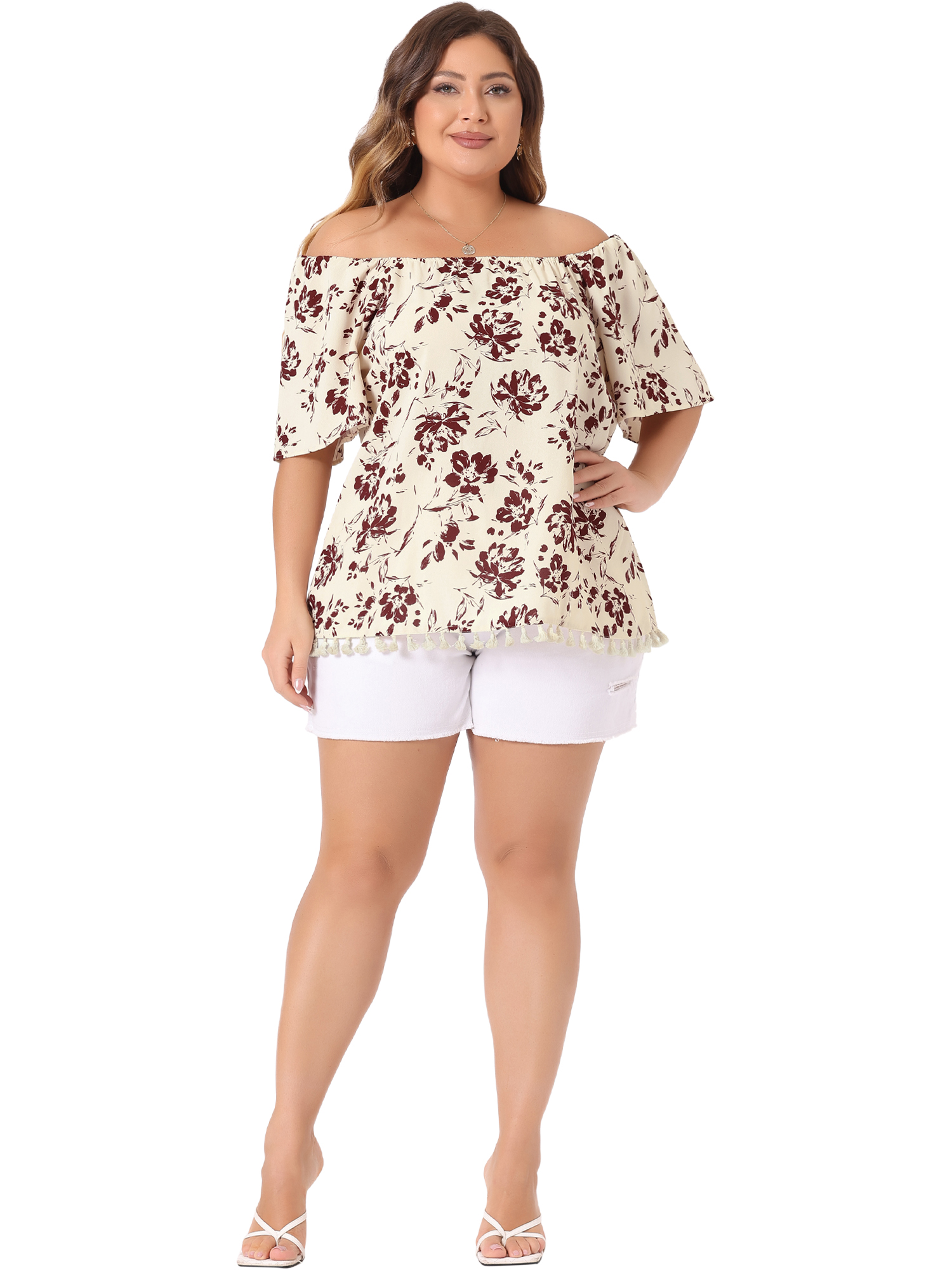 DARING DIVA Women's Plus Floral Off Shoulder Tassel Hem Top 4X Apricot