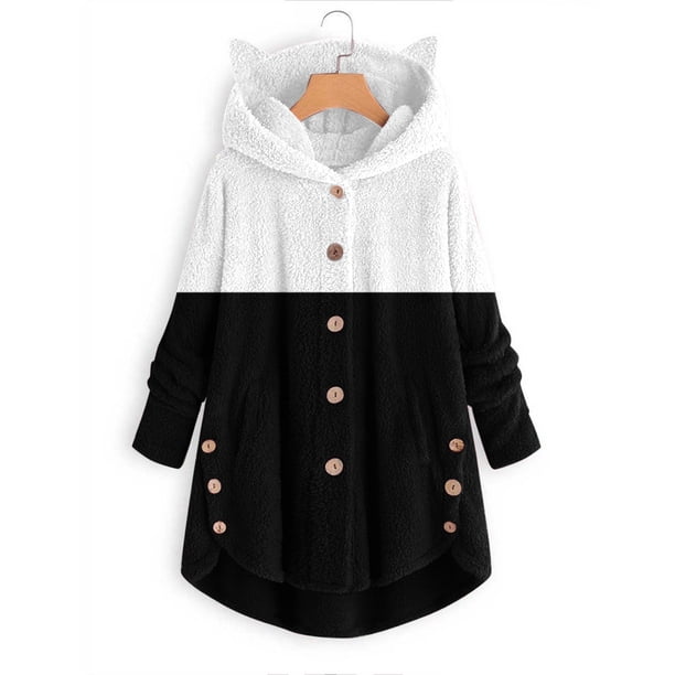 Puntoco Mujer Botón Felpa Tops Capucha Suelta Cárdigan Color Sólido Patchwork Abrigo Chaqueta Puntoco Puntoco-1