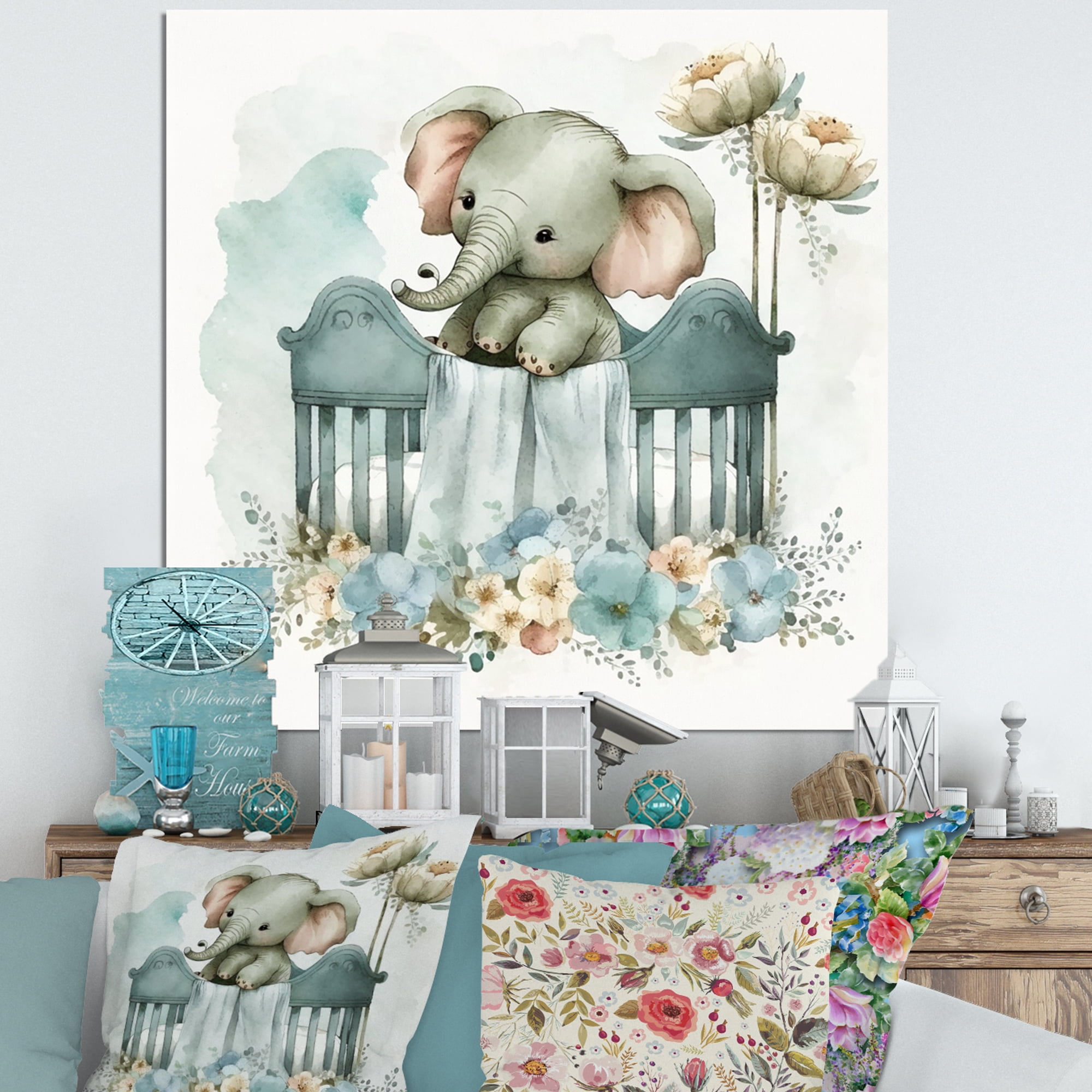 Designart Baby Elephant In Crib With Flowers I Canvas Wall Art