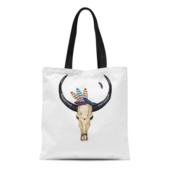 NUDECOR Canvas Tote Bag America Watercolor Buffalo Skull Feathers Butterflies Beaded Ribbon Boho Reusable Shoulder Grocery Shopping Bags Handbag