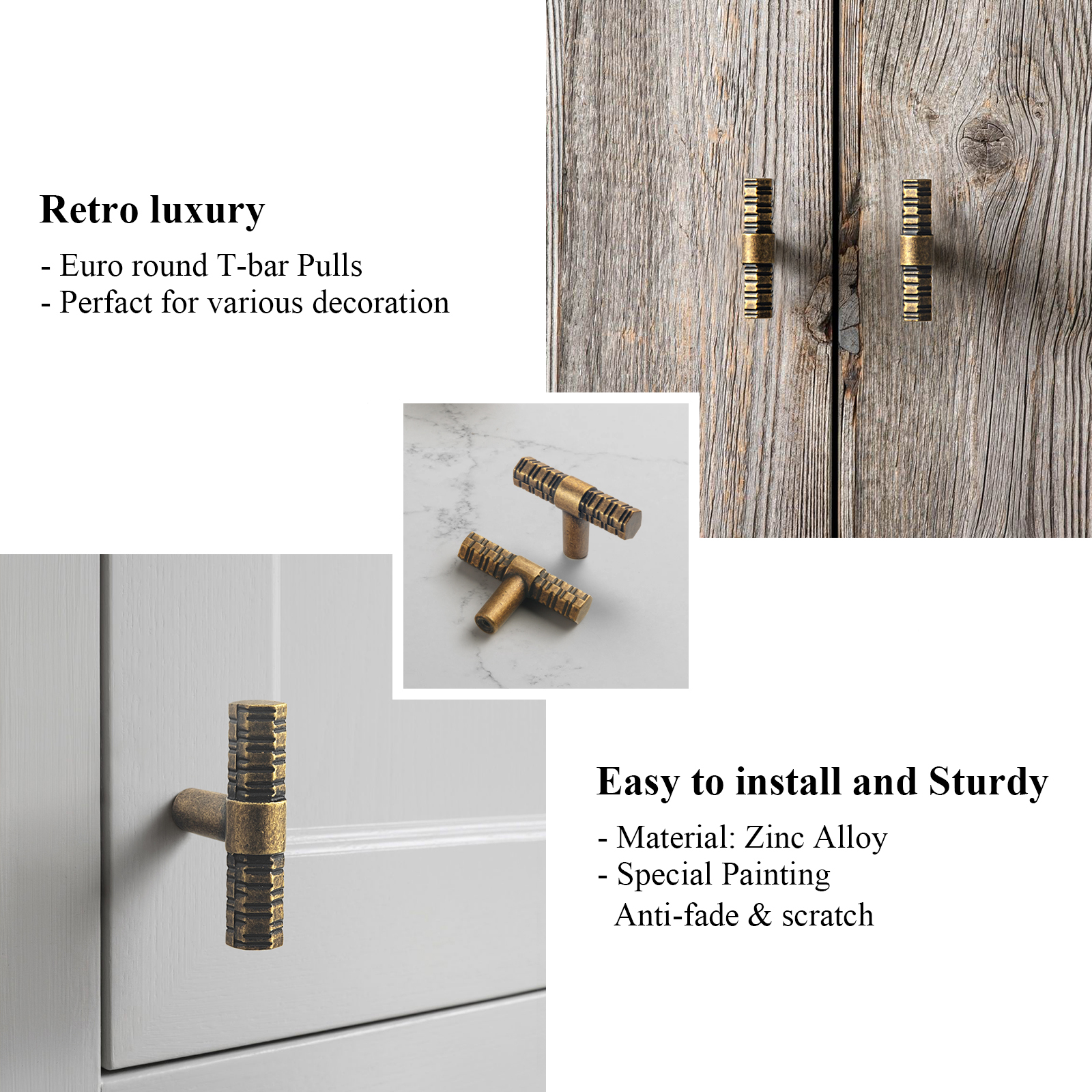 Goo-Ki 12 Pack Antique Brass T Bar Cabinet Drawer Pulls, Luxury Zinc Alloy Cabinet Handles with Knurled for Dresser and Cupboard