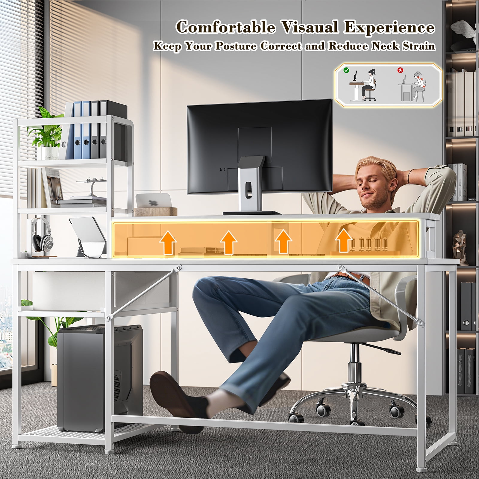 Romorgniz 44"W Computer Desk with Hutch, Gaming Desk with LED Lights & Power Outlets, Small Desk with Drawer and Monitor Stand, Studying Desk for Home Office, White