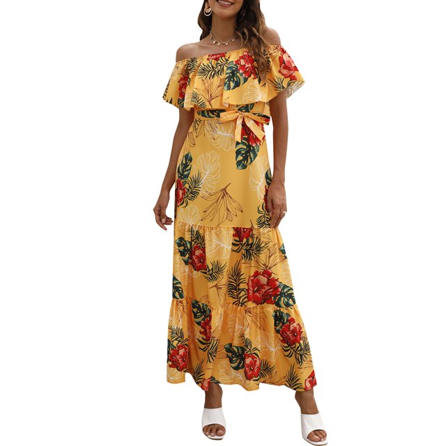 Vestido bohemio de mujer con volantes y hombros descubiertos, estampado de leopardo floral, cinturón Abanopi Amarillo/Extragrande
