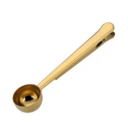 

Coffee Scoop Clip 2 in 1 Long Handle Stainless Steel Spoon Food Bag Sealer Tea Scooper Golden