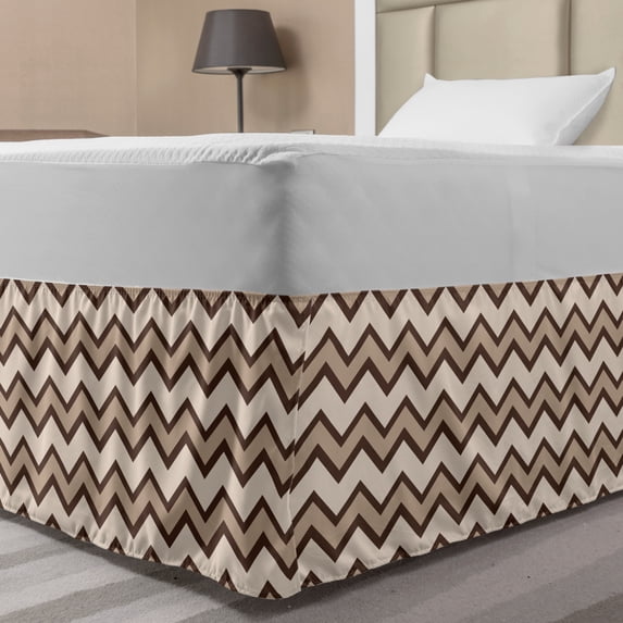 Tan Bed Skirt, Classic and Fashionable Chevron Zigzag Pattern Waves Geometric Retro Style Tiling, Elastic Bedskirt Dust Ruffle Wrap Around for Bedding Decor, 4 Sizes, Brown and Tan, by Ambesonne