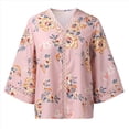 thumbnail image 3 of Camiseta de Verano para Mujer, Elegante, Informal, con Mangas 3/4, Cuello en V, Estilo Étnico Bohemio y Estampado Acampanado. Rosa XXL, 3 of 8