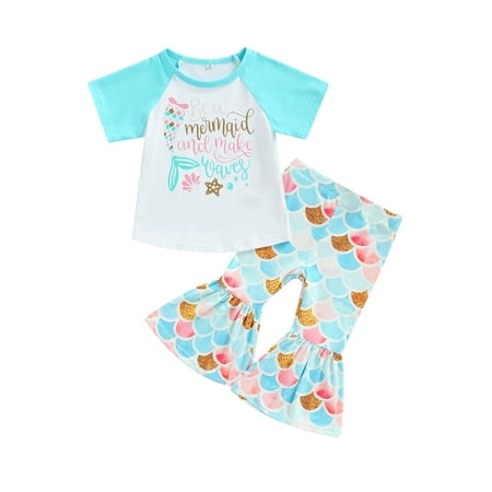

Toddler Kids Girl Clothes Sets Color Patchwork Short Sleeve Letter T Shirts Fish Scale Flared Pants