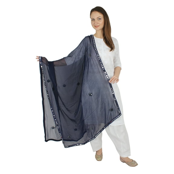 Navy Blue Women Chiffon Dupatta Casual Wear Dupatta With Lace Scarf Dupatta