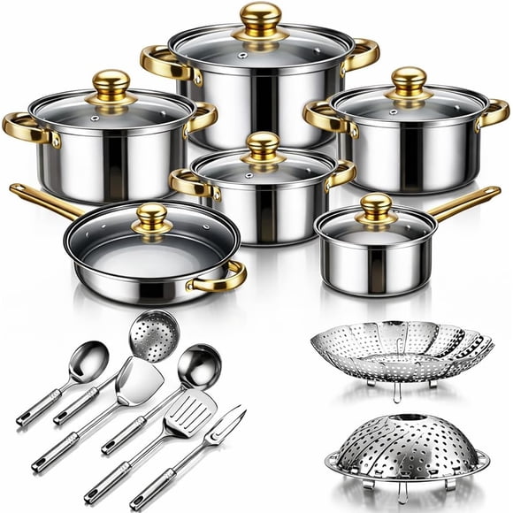 Batería de Cocina de Acero Inoxidable de 15 Piezas, Juego de Ollas y Sartenes Antiadherentes, con Ollas y Espátulas Reforzadas, Apta para Cocinas Eléctricas y de Gas, Apta para Lavavajillas