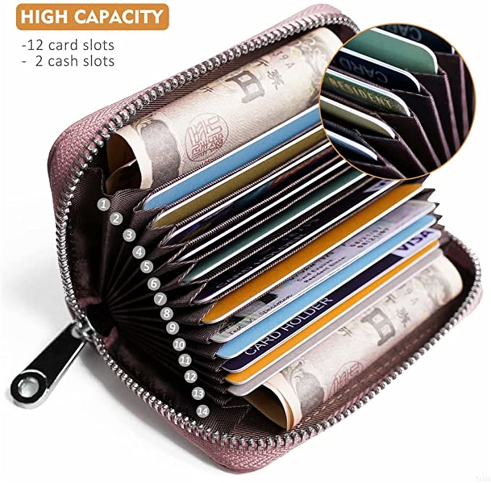 Womens Credit Card Holder Small Rfid Blocking Ladies Wallet with Stainless Steel Zipper Excellent Genuine Leather Accordion Wallets Case for Women ID Compact Slim Blocked Zip Accordian Cards Coffee 