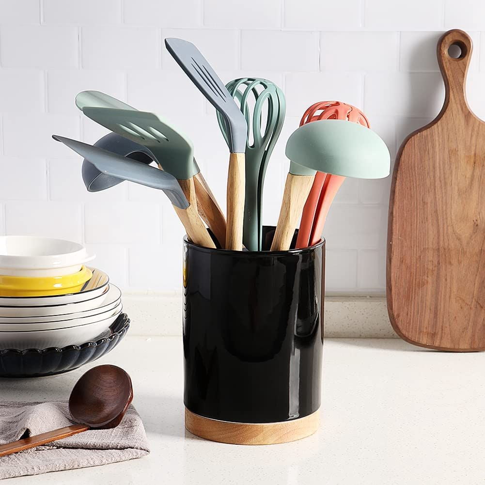 SWEEJAR Kitchen Utensil Holder with Wooden Bottom, 6.7" Ceramic Utensil Crock to Hold Spatulas for Cooking Countertop, Housewarming (Black)