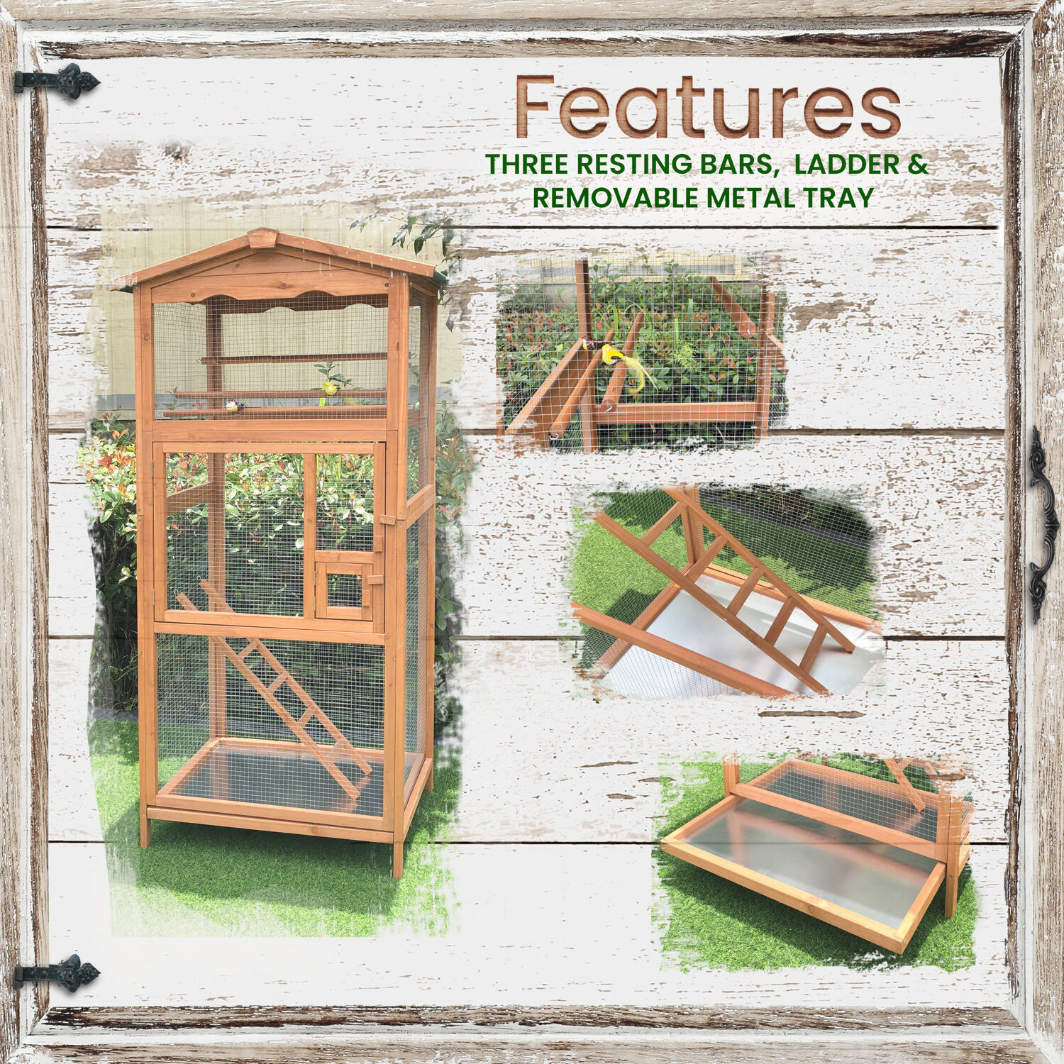 Hanover Outdoor Wooden Bird Cage with 3 Resting Bars, Ladder, Waterproof Roof and Removable Tray, 2.9 Ft. x 2.1 Ft. x 5.8 Ft. - image 3 of 12