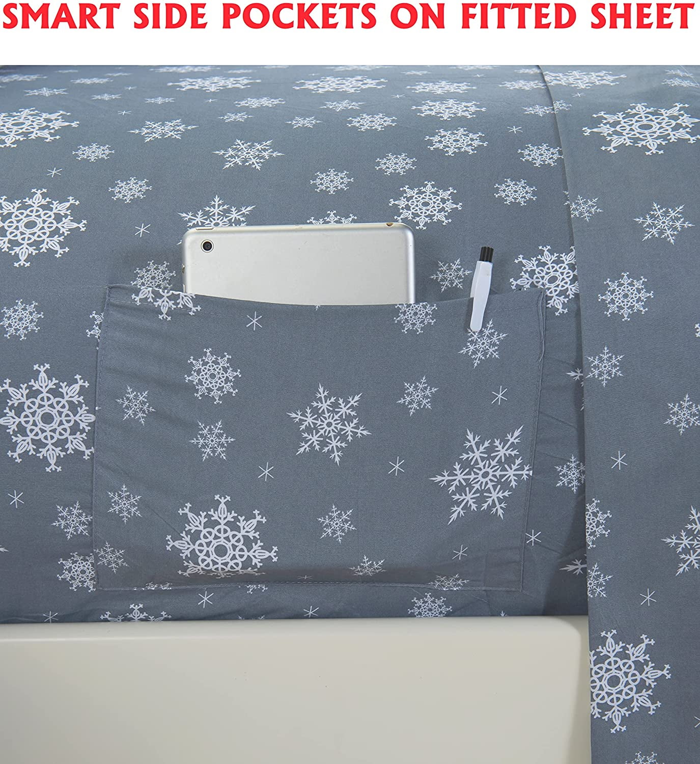 Holiday Pattern 1500 Thread Count Sheet set (6-Piece) Bedding Set, Queen, SnowFlake-Gray