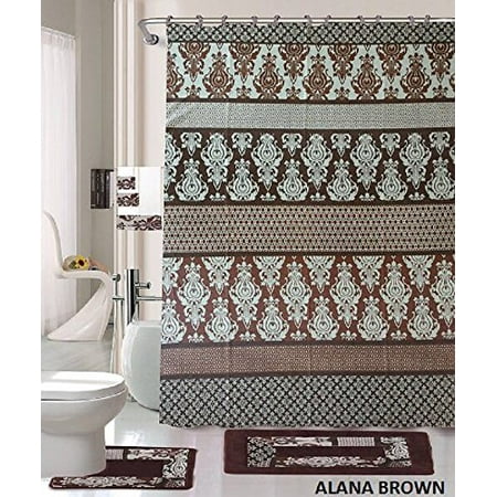 18 Piece Bath Rug Set Coffee Brown Teal Blue Print Bathroom Rugs