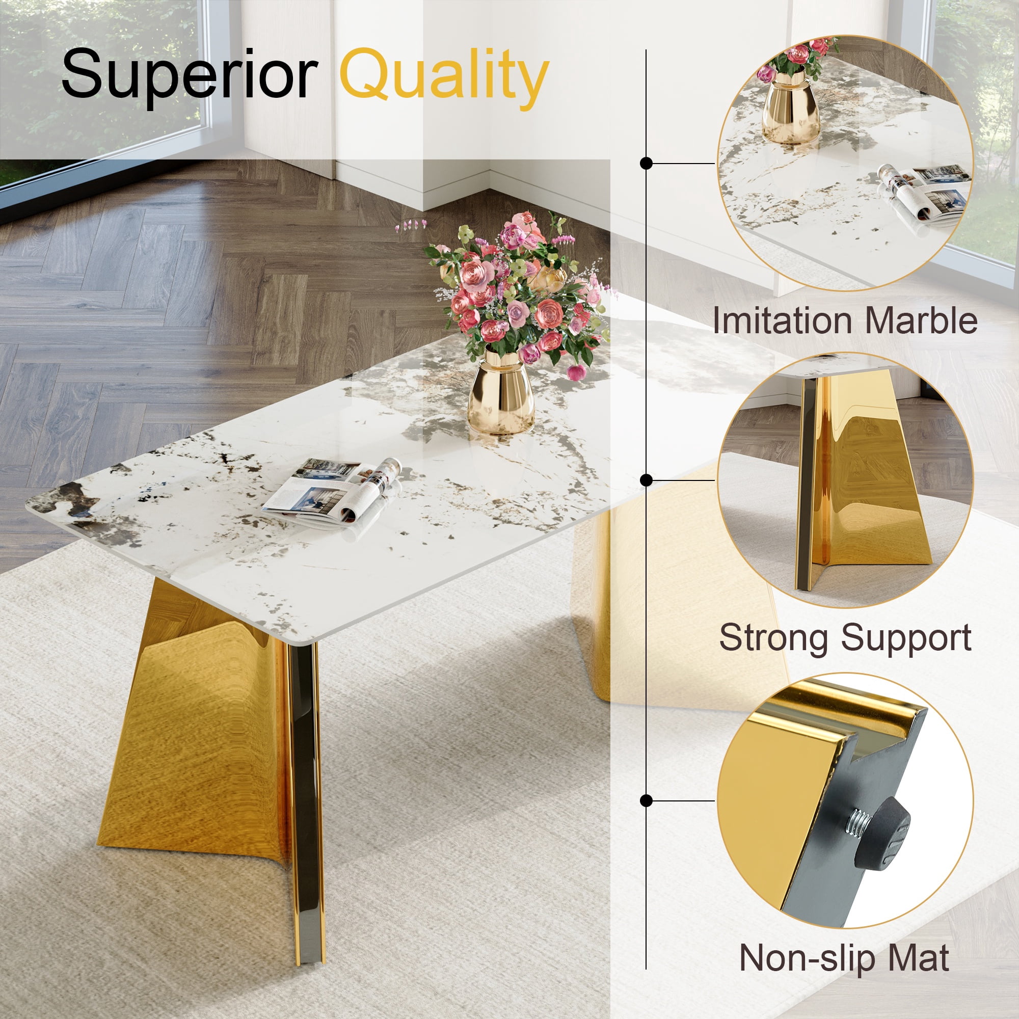 PORKISS Rectangular Dining Table for 4-6 People, Kitchen Table with Pandora Patterned Sintered Stone Top and Golden Stainless Steel Butterfly Legs, Scratch and Heat Resistant, White+Gold #1