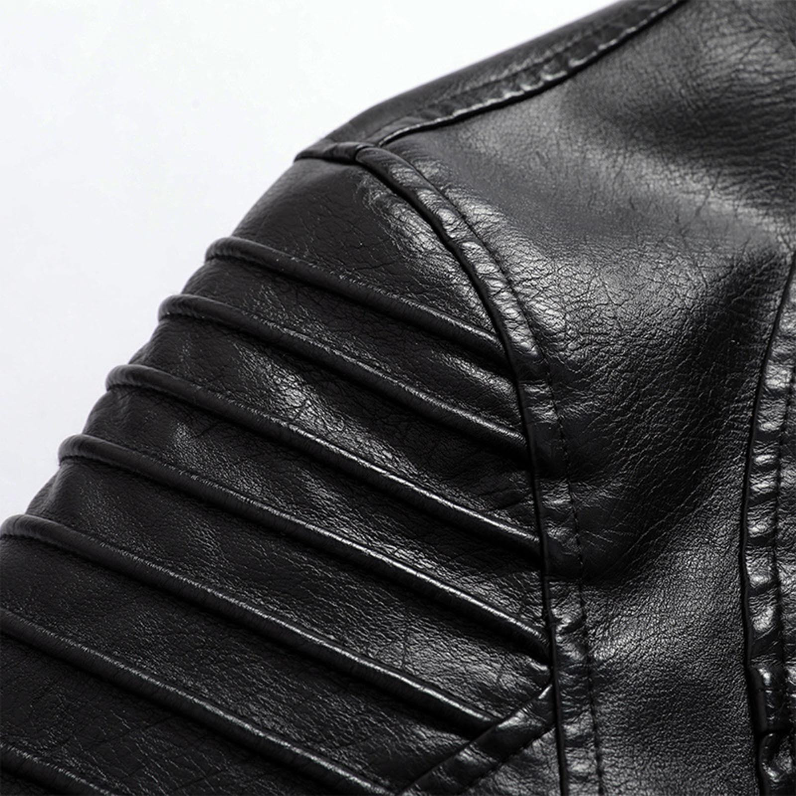 Maoxin Men Leather Jacket Men Leather Jacket Multiple Pockets Zipper Loose Coat Solid Color Long Sleeved Hooded Leatherwear Coat Leather Jackets for Men Black 3XL