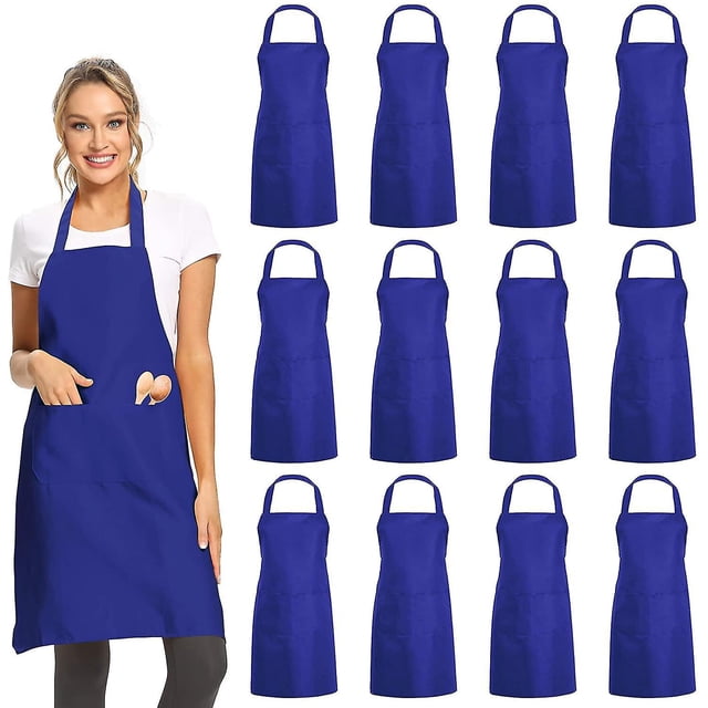 Paquete de 12 delantales con pechera lisos con 2 bolsillos - Delantal comercial unisex azul a granel para cocinar en la cocina