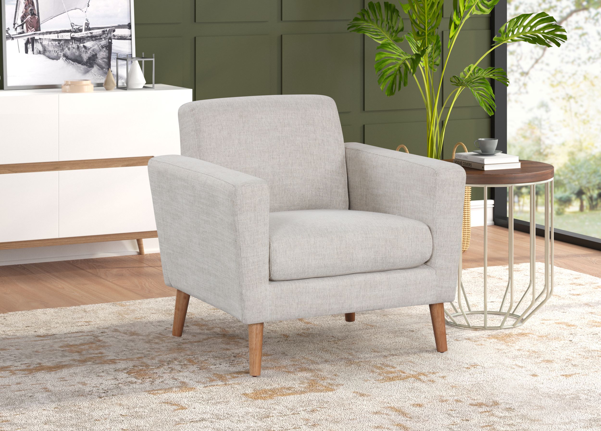 Mainstays Square Arm Accent Chair With Rubber Wood Legs, Beige Linen Fabric
