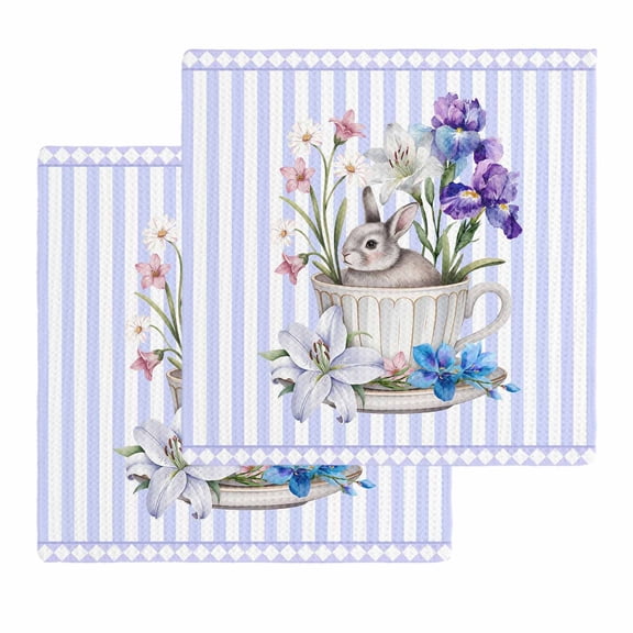 Easter Kitchen Dish Towels for Drying Dishes Set of 2, Spring Rabbit Watercolor Flowers Purple Stripes Waffle Weave Microfiber Hand Tea Bathroom Towels Quick Dry & Absorbent Towel 12x12