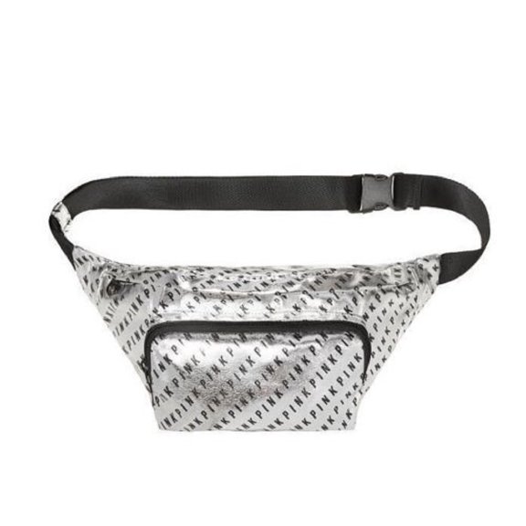 Victoria's Secret Pink Oversized Belt Bag Purse Fanny Pack Silver Black Logo New