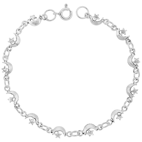 Dainty Sterling Silver Moon and Star Bracelet for Women and Girls 1/4 wide 7.5 inch long
