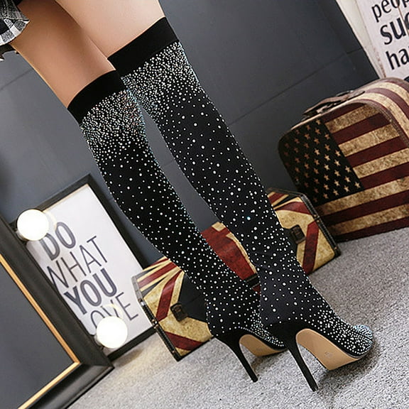 Clispeed Platform Heels for Women Rhinestone Boots Over The Knee Black 1 Pair