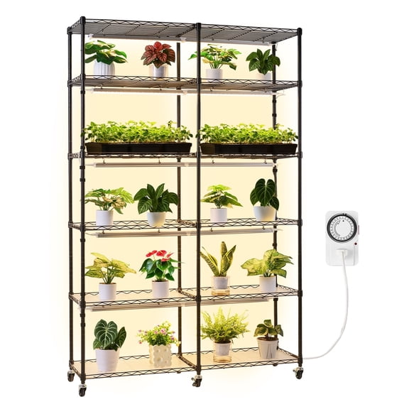 VEVOR Plant Shelf with Grow Light, 6-Tier Double-Row Plant Stand, 71in Tall Indoor Plants Display Rack with Wheels & Timer, 200W Full Spectrum Grow Lights, Metal Flower Pot Holder for Seed Starting