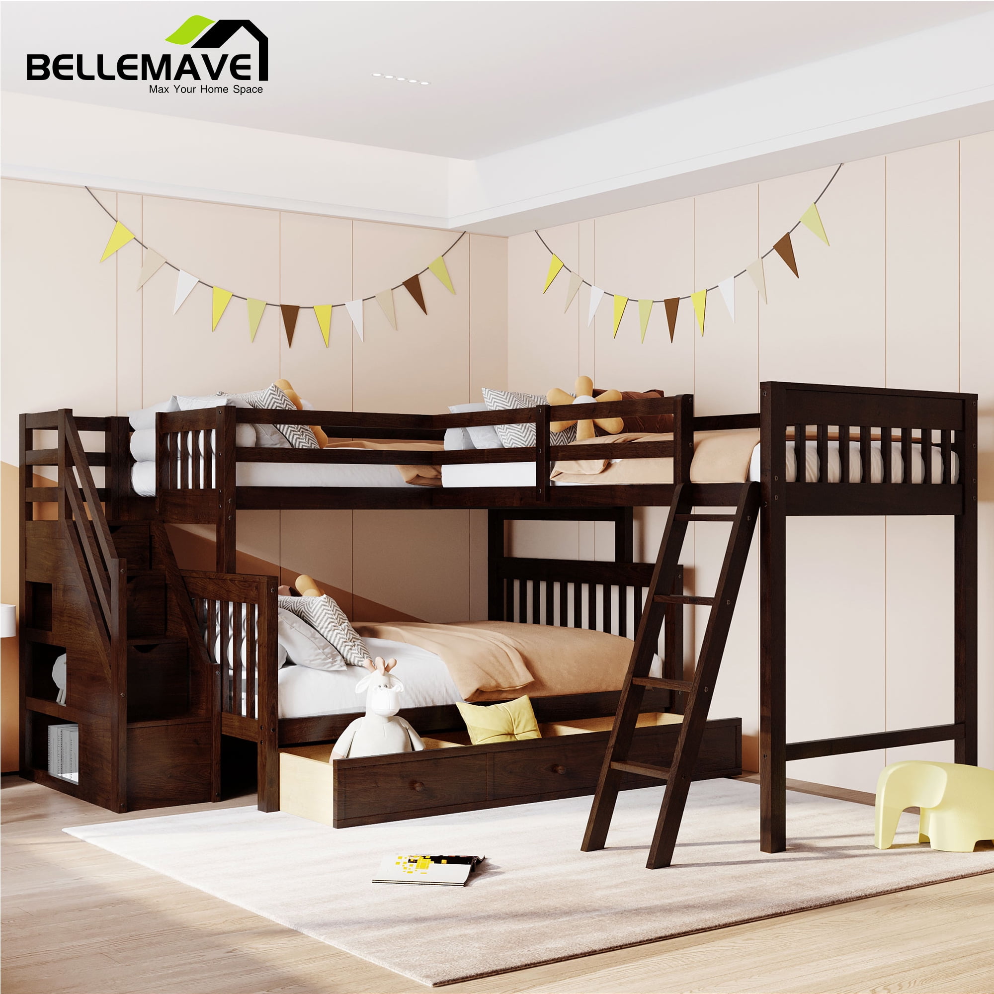 BELLEMAVE LShaped Bunk Beds Twin over Full Size, Kids Triple Bunk Bed