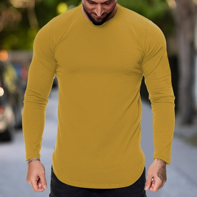 Yellow Shirts For Men Mens Fashion Casual Sports Fitness Outdoor Curved Hem  Solid Color Round Neck T Shirt Long Sleeve Top 