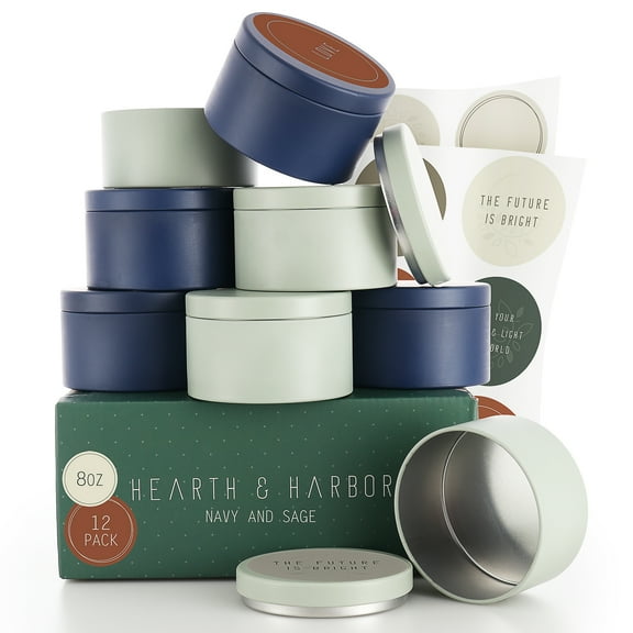 Hearth & Harbor 8 Oz, 12 Pack Navy and Sage DIY Candle Containers with Lids - Tin Candle Jars for Making Candles - Metal Candle Jars - Bulk Tins Storage for Candle - Solid