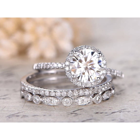 Art deco 2 Ct Moissanite and Diamond Trio Wedding Ring Set in 10k White Gold