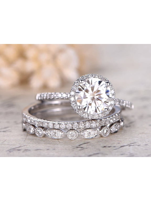 Art deco 2 Ct Moissanite and Diamond Trio Wedding Ring Set in 10k White Gold