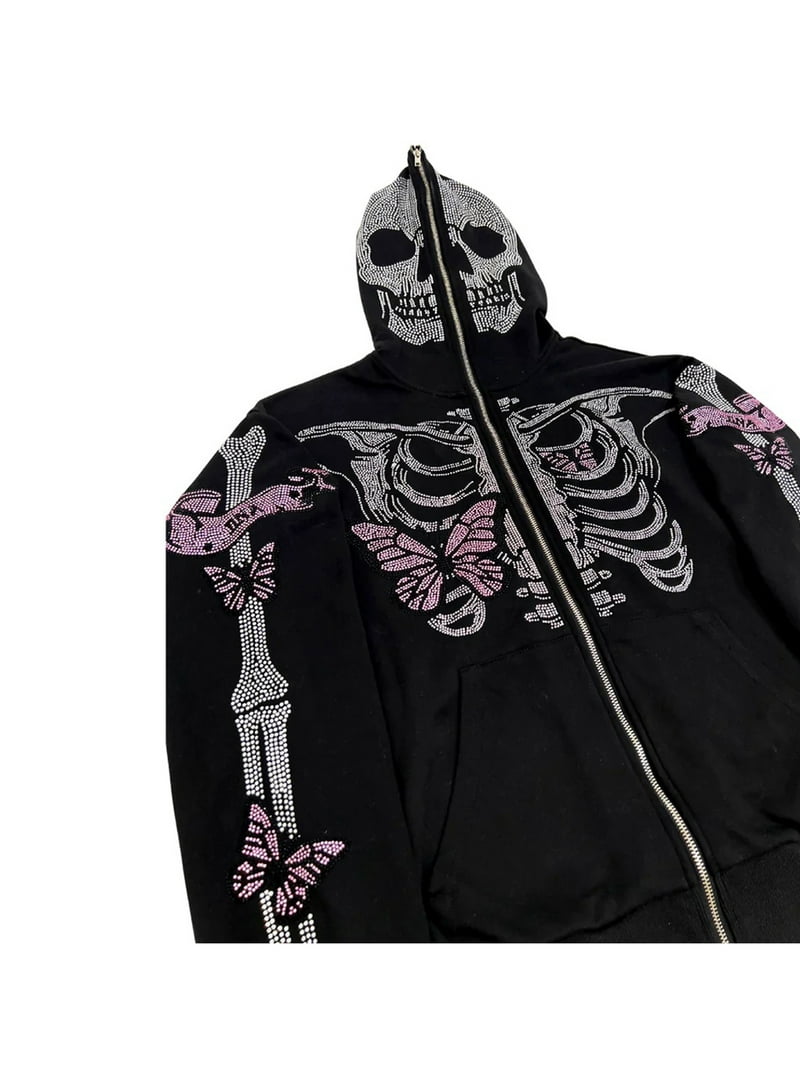 Soosuihoo Pink Spider Full Zip Hoodie Y2k Rhinestone Skull