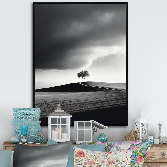 Designart "Tranquil Minimalism: Black And White Prairie Photography" Minimalism Floater Framed Canvas Prints