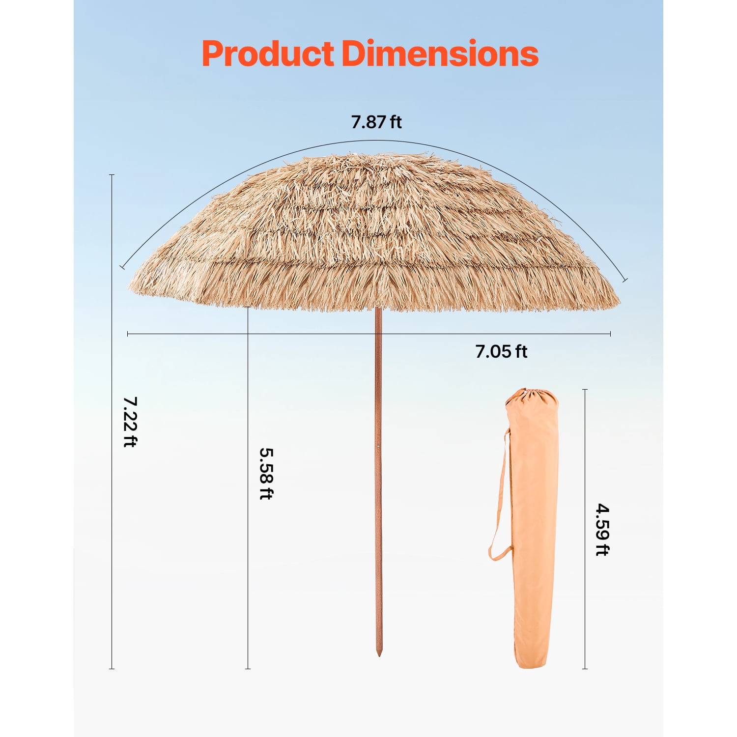KFFKFF 8 ft Thatched Patio Umbrella with Tilt, Hawaiian Style Beach Parasol Featuring Durable PP Thatch and 8 Metal Ribs, Ideal for Beach, Patio, Poolside, Backyard, and Garden