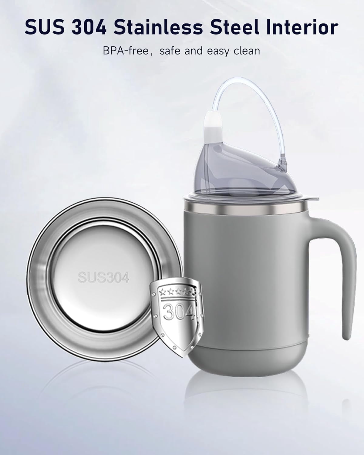 ABCISI Multifunctional Adult Sippy Cup for Elderly Spill Proof - Easy to Grasp Handles, Precise Liquid Control- 15oz Stainless Steel Sippy Cup with Straw, No Spill Cups for Elderly, Seniors (Grey)